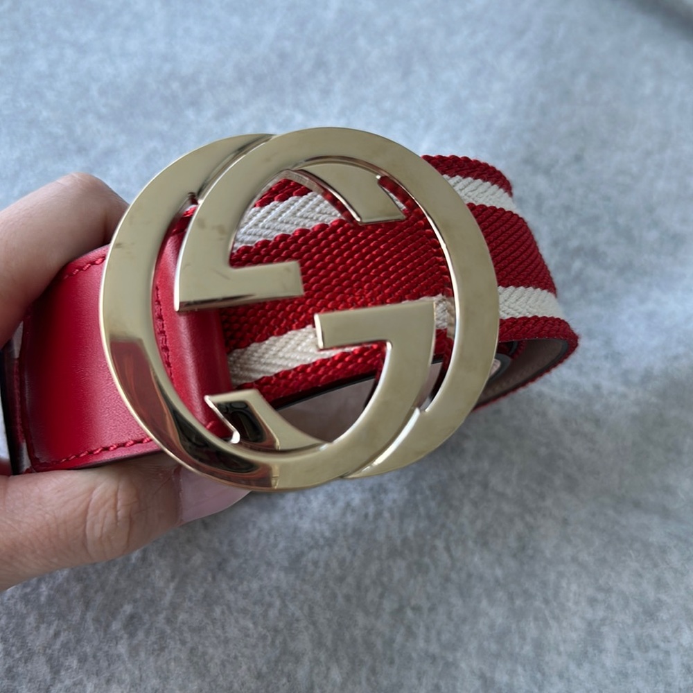 Gucci Red Web Canvas and Leather Interlocking G Belt 90CM